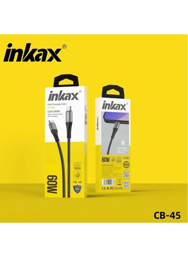 Inkax CB-45 Type C to Type C Charging & Data Cable 60W with Zinc Alloy Connectors, Fast Charging & High-Speed Data Transfer, Reversible USB-C Design, 1m Length for Home, Office & Travel Use, Durable & Safe Performance - Image 2